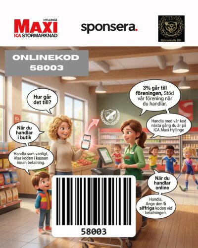 Stötta klubben. Handla på ICA Maxi i Hyllinge och visa den här streckkoden i kassan så får klubben 3% av det totala inköpet i sponsring. Klicka på bilden för att zooma in.